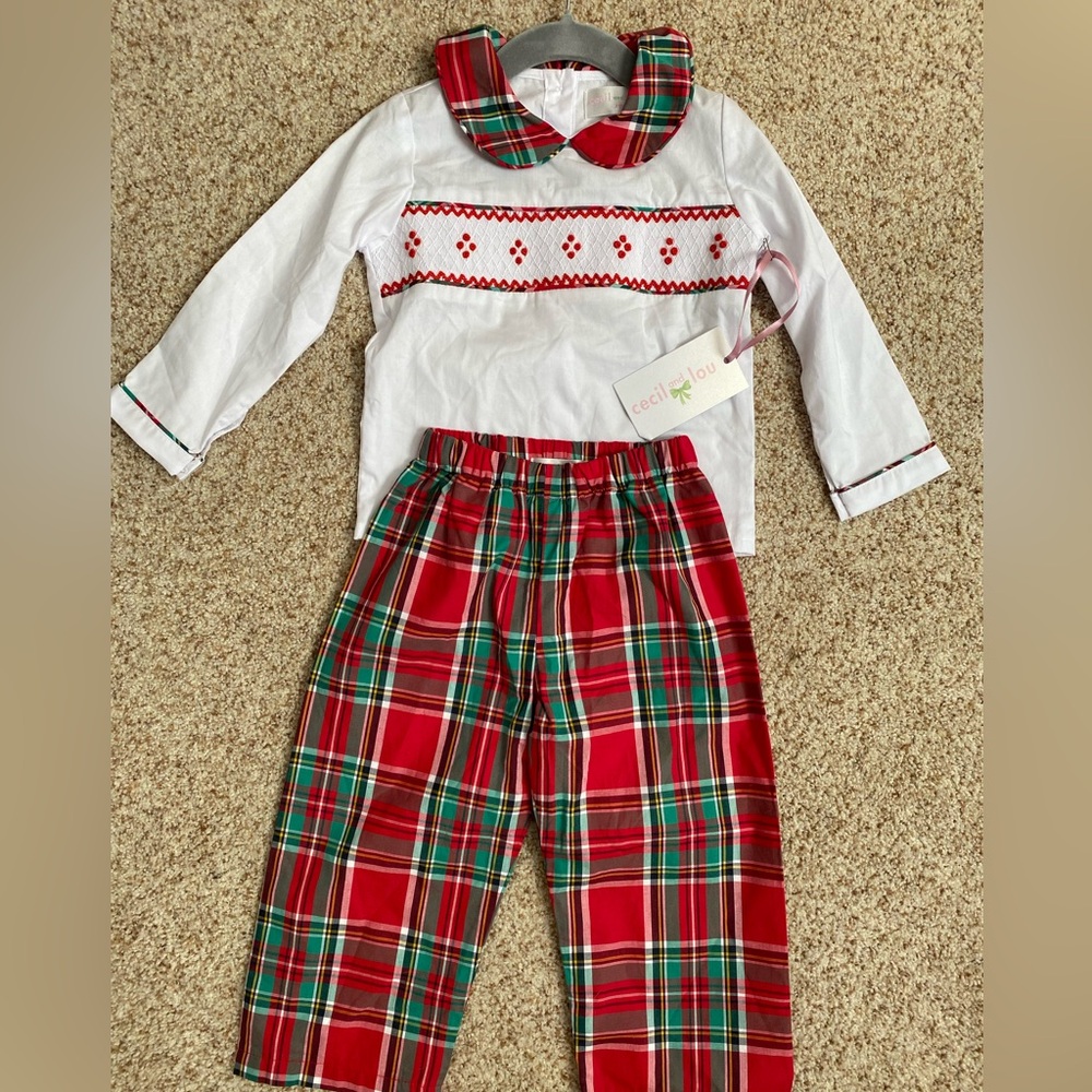 NWT Cecil & Lou Christmas plaid smock pant set 2T